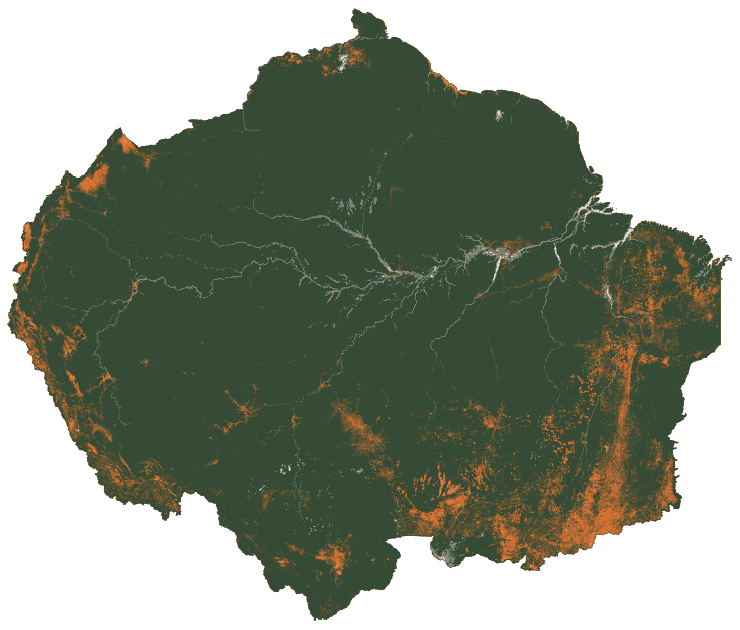 Map of the Amazon in 1986: natural vegetation covers almost all of it, with cleared land in thin strips along its southern and eastern edges and in the Andean foothills
