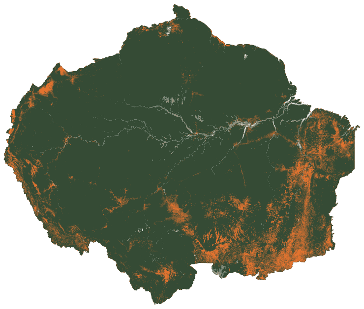 Map of the Amazon in 1993: cleared land spreading along the southern and eastern edges