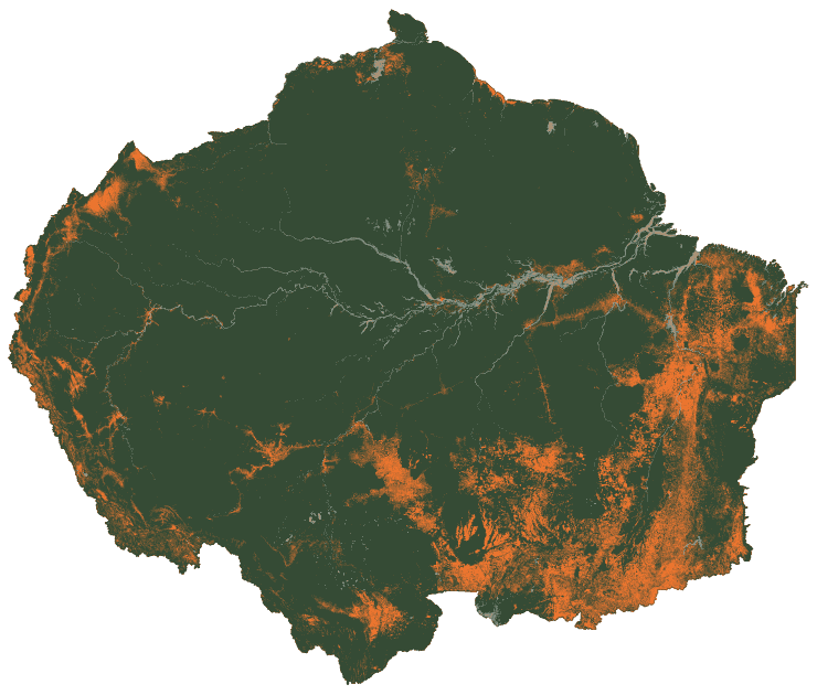 Map of the Amazon in 2000: a wider band of cleared land across the south and east