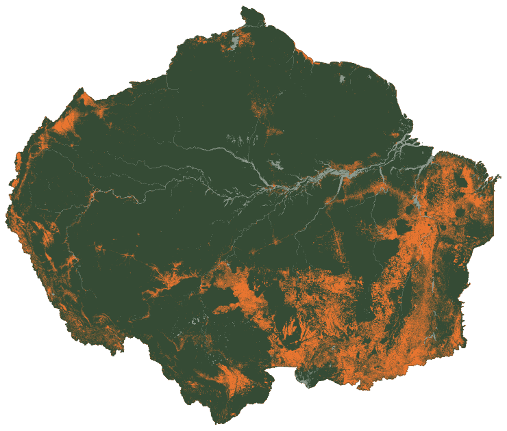 Map of the Amazon in 2007: cleared land reaching deeper into the south and east
