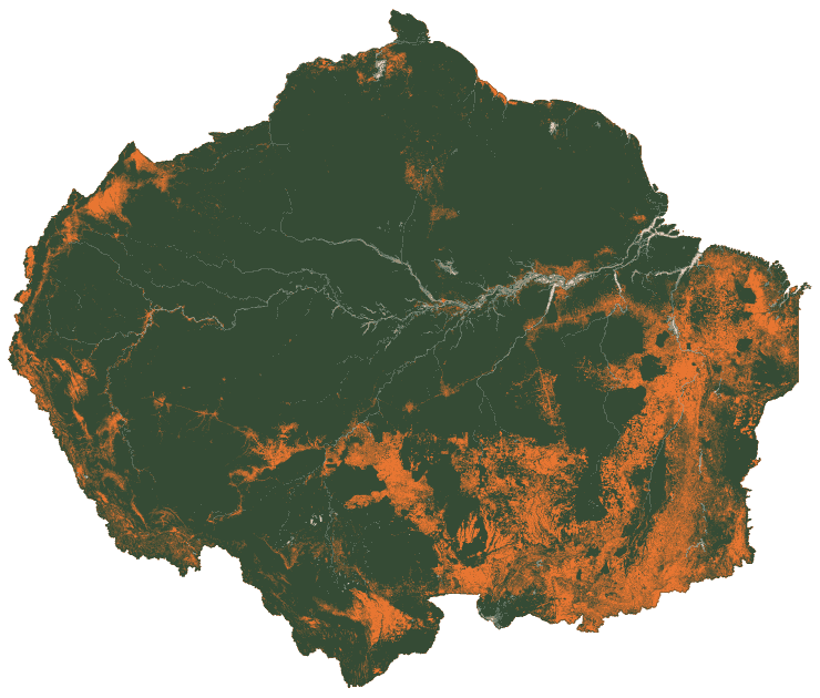 Map of the Amazon in 2015: large cleared areas across the south and east, with forest left in islands