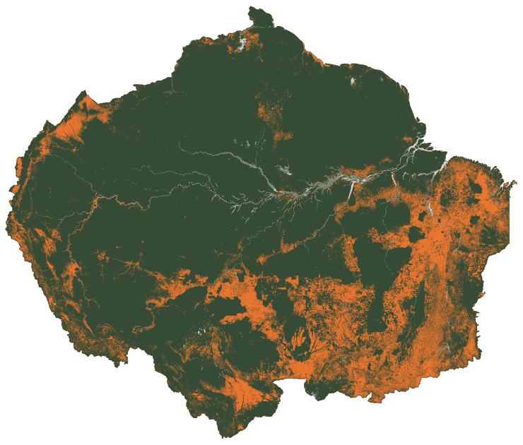 Map of the Amazon in 2023: cleared land covers much of the south and east, around islands of remaining forest